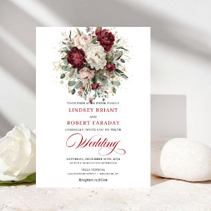 Chic Bohemian Burgundy White Floral Greenery Weddi Invitation