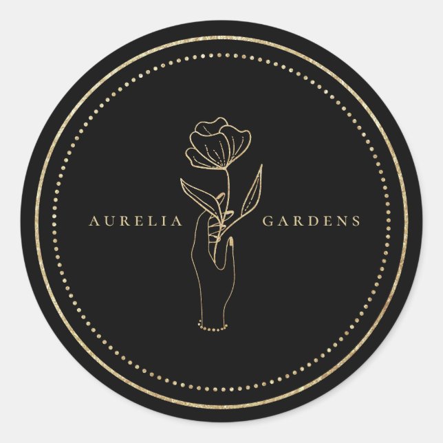 Chic Bohemian Golden Floral Logo Classic Round Sticker (Front)
