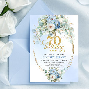 Chic Bohemian Pastel Blue Peonies 70th Birthday  Invitation