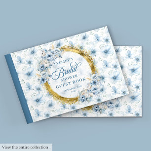 Chic Bohemian Pastel Blue Sage Gold Glitter Floral Guest Book