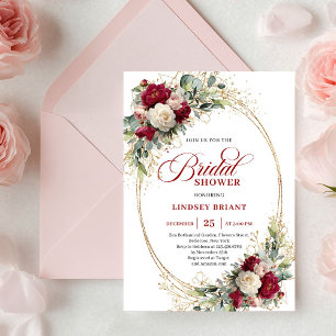 Chic Bohemian Red White Flowers Gold Bridal Shower Invitation