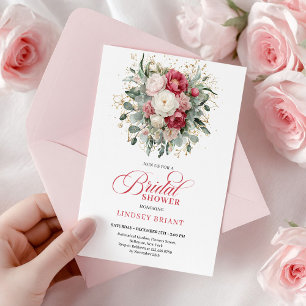Chic Bohemian Red White Gold Roses Bridal Shower  Invitation