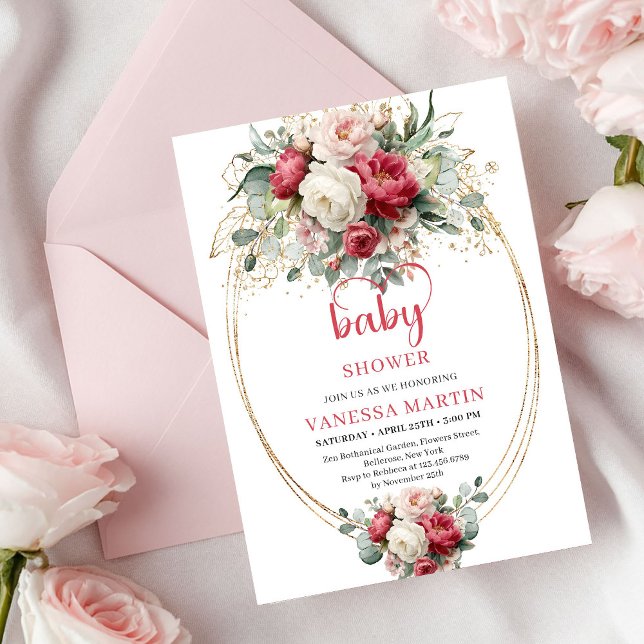 Chic Bohemian Ruby Red White Gold Floral Baby Invitation (Chic Bohemian Ruby Red White Gold Floral Baby Invite)