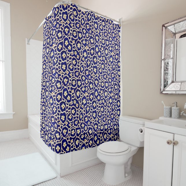 Chic Boho Anemone Dark Blue Pattern Shower Curtain (In Situ)