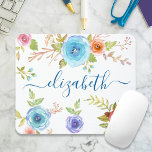 Chic boho blue floral watercolor monogram script mouse pad<br><div class="desc">Turquoise blue, red and orange watercolor flowers and navy blue script typography overlay a white background on this beautiful, rustic, romantic, vintage floral custom name mousepad. Add your name to personalise. Makes a chic and stylish statement every time you use it. A great gift for a friend, as well as...</div>