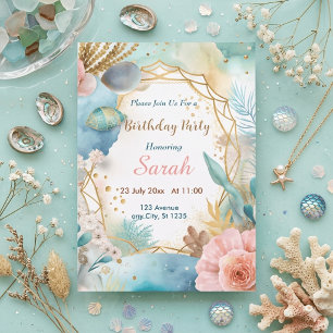 chic boho blue gold watercolor birthday  invitation