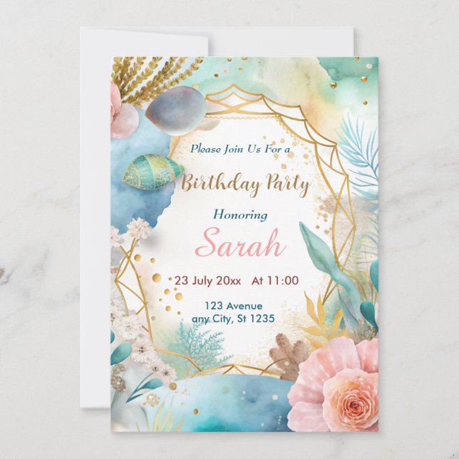 chic boho blue gold watercolor birthday  invitation (Front)