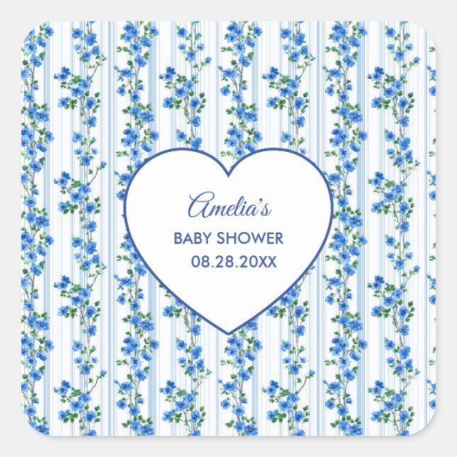 Chic Boho Blue Wildflower Boy floral Baby Shower  Square Sticker (Front)