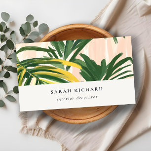 Chic Boho Blush Green Tropical Palm Leaves Beach Business Card