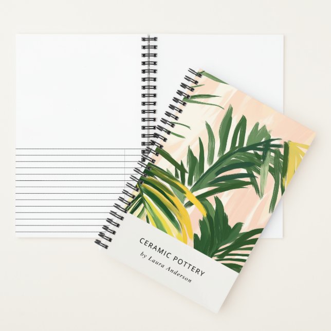 Chic Boho Blush Green Tropical Palm Leaves Beach Notebook (Inside)