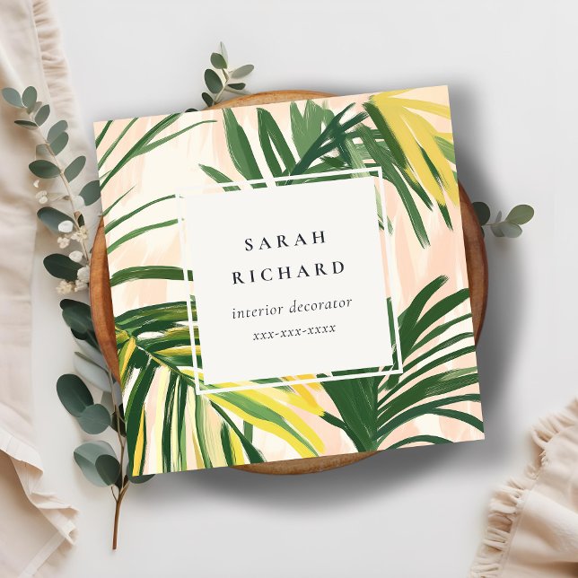 Chic Boho Blush Green Tropical Palm Leaves Beach Square Business Card (Creator Uploaded)