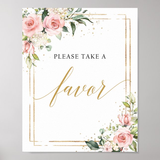 Chic Boho blush pink floral gold frame favour sign (Front)