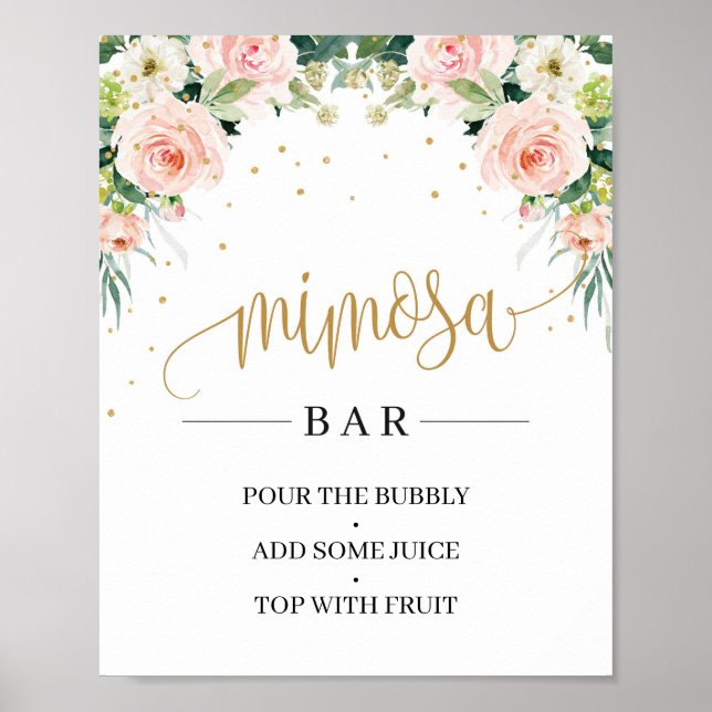 Chic Boho blush pink floral gold mimosa bar sign (Front)