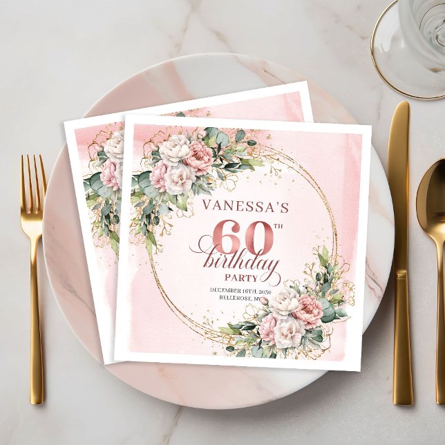 Chic Boho Blush Pink Greenery 60th Birthday Napkin (Chic Boho Blush Pink Greenery 60th Birthday Napkins)