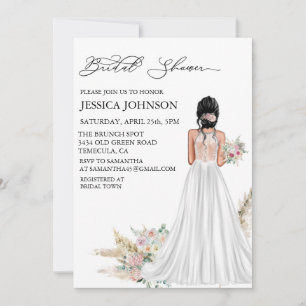 Chic Boho Bridal Shower Wedding Dress Black Hair Invitation