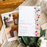 Chic boho bright wild flowers 3 photos wedding invitation<br><div class="desc">Add a touch of bohemian elegance to your wedding with this Modern Chic Boho Bright Elegant Colourful wild flowers 3 photos wedding Invitation. Featuring pink, red, green, and purple hues botanical flowers inspired by wildflowers and watercolor rustic gardens with subtle greenery and modern boho script typography. With elegant modern script...</div>
