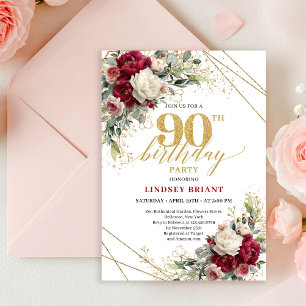 Chic Boho Burgundy Blush Floral Gold 90th Birthday Invitation