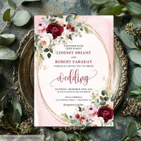 Chic Boho Burgundy Blush Gold Floral Invitation