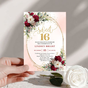 Chic Boho Burgundy Blush Gold Floral Sweet Sixteen Invitation