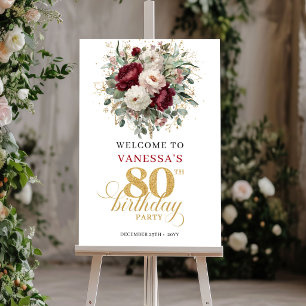 Chic Boho Burgundy Floral 80th Birthday Welcome  Poster