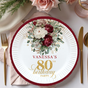 Chic Boho Burgundy Floral Gold 80th Birthday Paper Plate