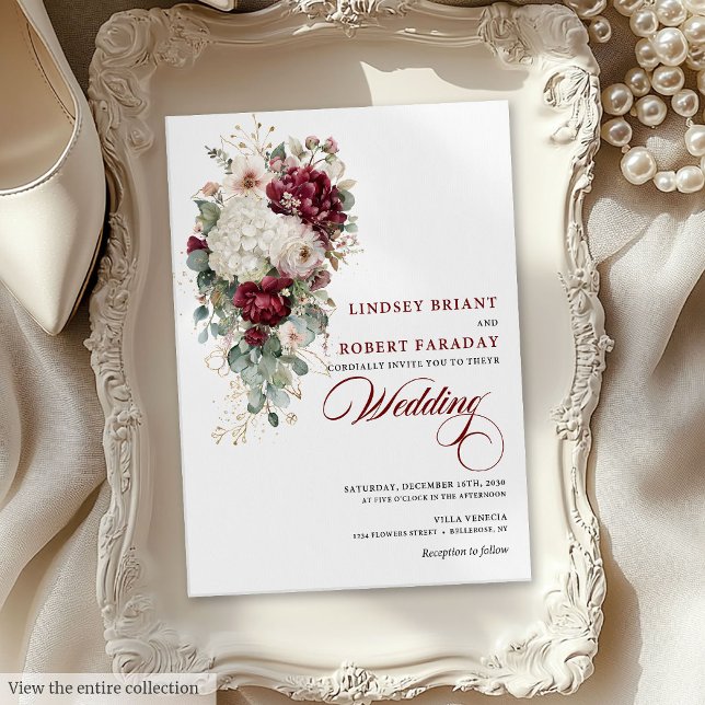 Chic Boho Burgundy White Floral Wedding Invitation (Chic Boho Burgundy White Floral Wedding Invitation)