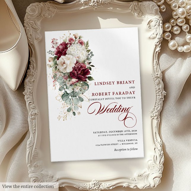 Chic Boho Burgundy White Floral Wedding Invitation (Chic Boho Burgundy White Floral Wedding Invitation)