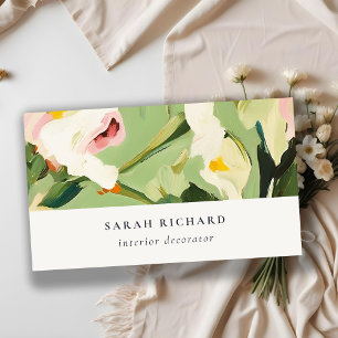 Chic Boho Colourful Green Pink Painted Floral Business Card