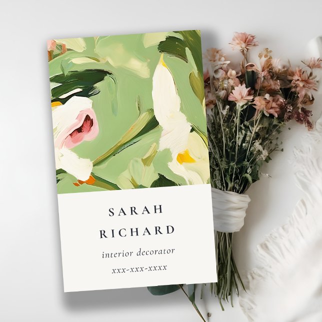 Chic Boho Colourful Green Pink Painted Floral Business Card (Creator Uploaded)
