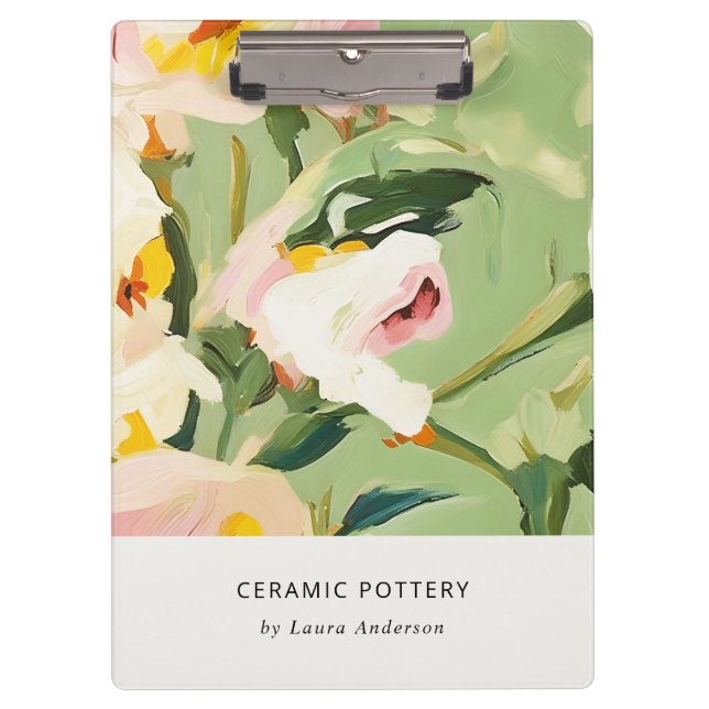 Chic Boho Colourful Green Pink Painted Floral Clipboard (Front)