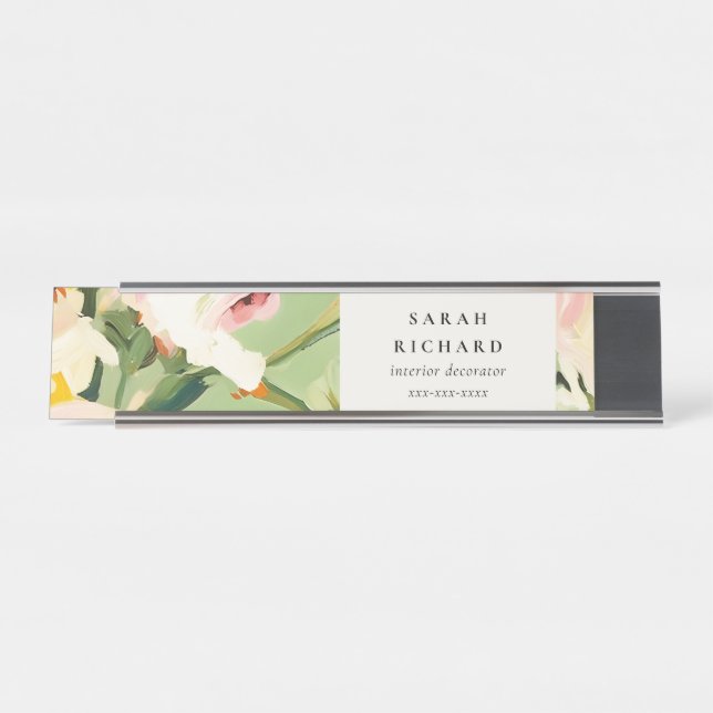 Chic Boho Colourful Green Pink Painted Floral Desk Name Plate (Front)