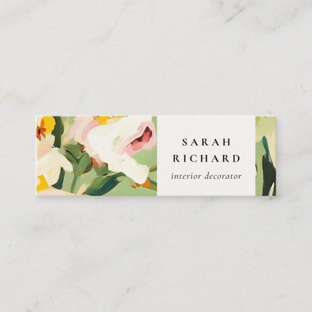Chic Boho Colourful Green Pink Painted Floral Mini Business Card (Front)