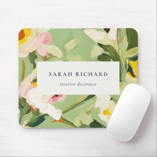 Chic Boho Colourful Green Pink Painted Floral Mouse Pad
