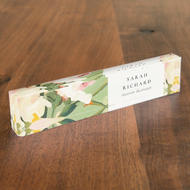 Chic Boho Colourful Green Pink Painted Floral Nameplate (Side)