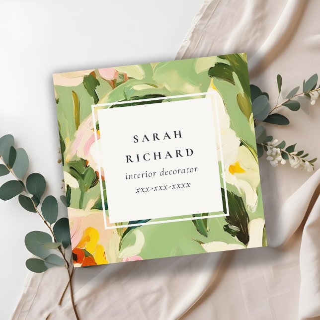 Chic Boho Colourful Green Pink Painted Floral Square Business Card (Creator Uploaded)