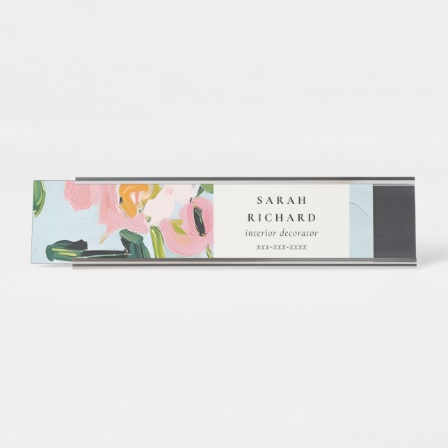 Chic Boho Colourful Pink Blue Green Painted Floral Desk Name Plate (Front)