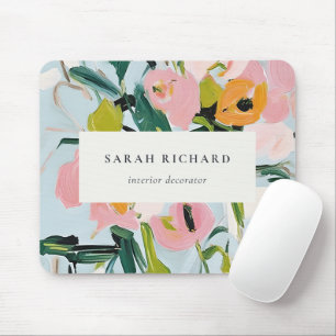 Chic Boho Colourful Pink Blue Green Painted Floral Mouse Pad