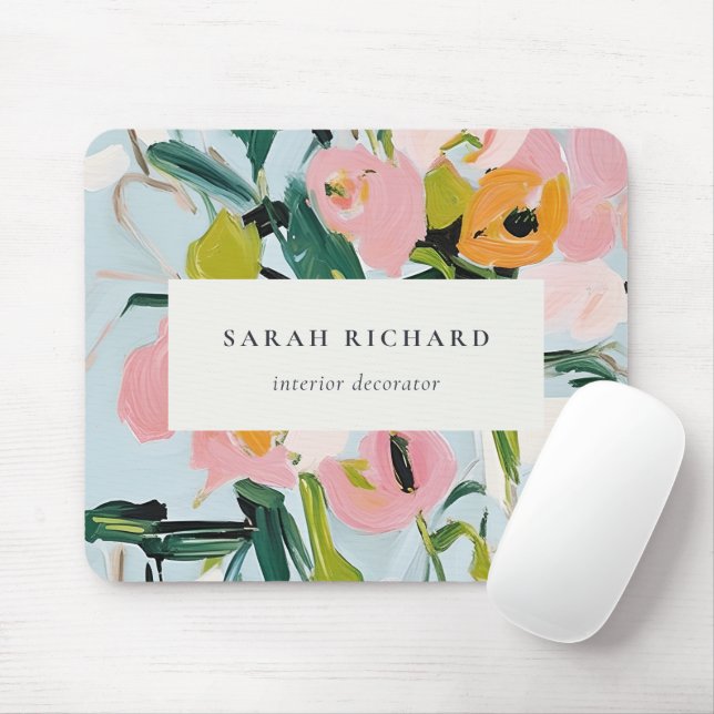 Chic Boho Colourful Pink Blue Green Painted Floral Mouse Pad (With Mouse)