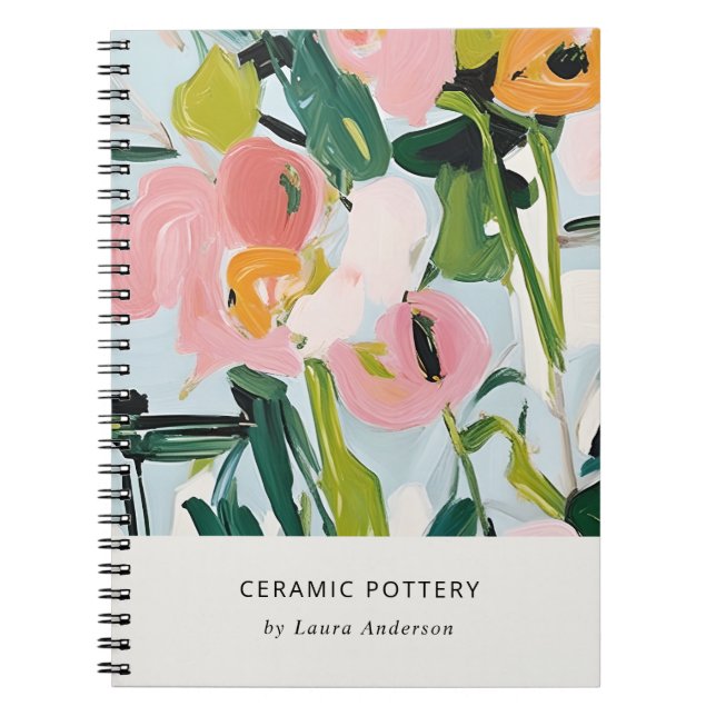 Chic Boho Colourful Pink Blue Green Painted Floral Notebook (Front)