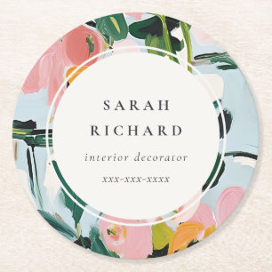 Chic Boho Colourful Pink Blue Green Painted Floral Round Paper Coaster