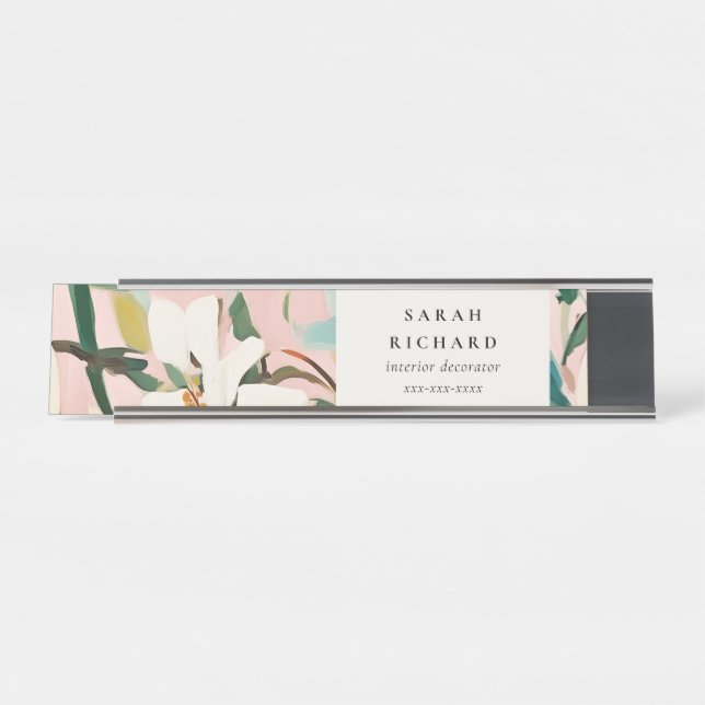 Chic Boho Colourful Pink Teal Green Painted Floral Desk Name Plate (Front)