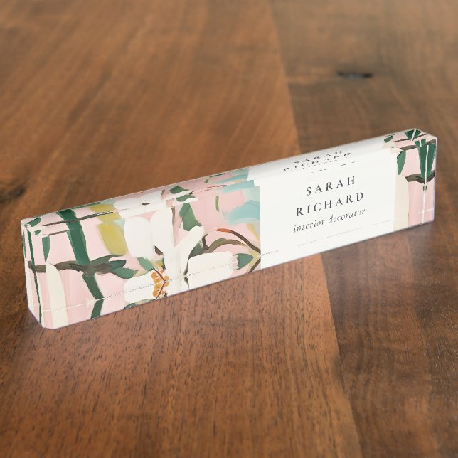 Chic Boho Colourful Pink Teal Green Painted Floral Nameplate (Side)