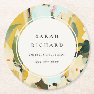 Chic Boho Colourful Yellow Ochre Painted Floral Round Paper Coaster
