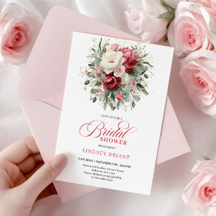Chic Boho Crimson White Greenery Bridal Shower  Invitation
