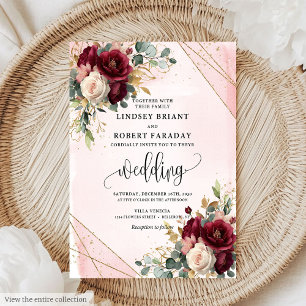 Chic Boho Deep Red Gold White Flowers Wedding  Invitation