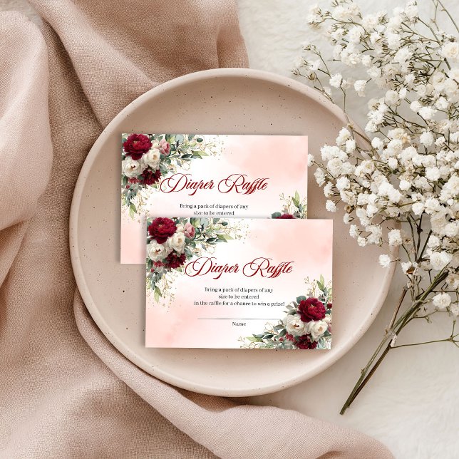 Chic boho deep red peonies gold baby diaper raffle enclosure card (Chic boho deep red peonies gold baby diaper raffle card

)