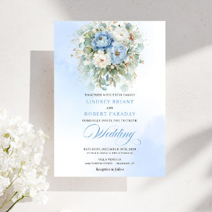 Chic Boho Dusty Blue Peony Floral Gold Wedding Invitation