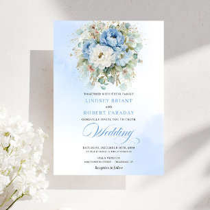 Chic Boho Dusty Blue Peony Gold Wedding Invitation