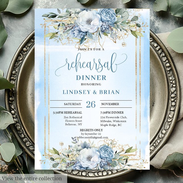 Chic Boho Dusty Blue White Peony Rehearsal Dinner Invitation (Chic Dusty Blue White Peony Rehearsal Dinner Invite)