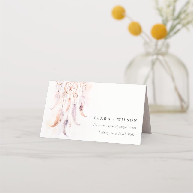 Chic Boho Feather Dreamcatcher Watercolor Wedding Place Card (Front)